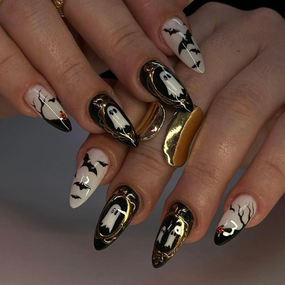 Uñas postizas Halloween Bat oscuro Manicura fantasma más vendida transfronteriza Uñas tridimensionales en relieve de almendra image 1