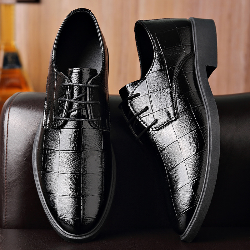 Zapatos de todo fósforo, estampado a cuadros de trabajo, zapatos de cuero de hombre puntiagudos, zapatos de cuero casuales de negocios para hombre con cordones, zapatos de hombre de estilo británico image 3