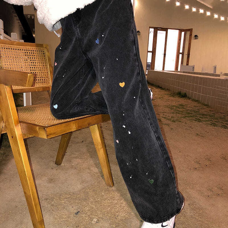 Jeans Black Love Jeans Women 2024 New Embroidered Loose Straight-leg Pants Falling Floor-length Daddy Pants