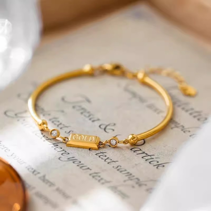 2025 New Chinese Style Gold Brick Bracelet Women's Ball Bead Bracelet Titanium Steel Plated 18K Gold Plain Circle Curved Strip Smooth Bracelet Gold Bar