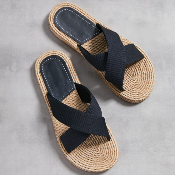 Women's one-word slippers hemp rope straw summer new outdoor cross slippers flat heel set feet