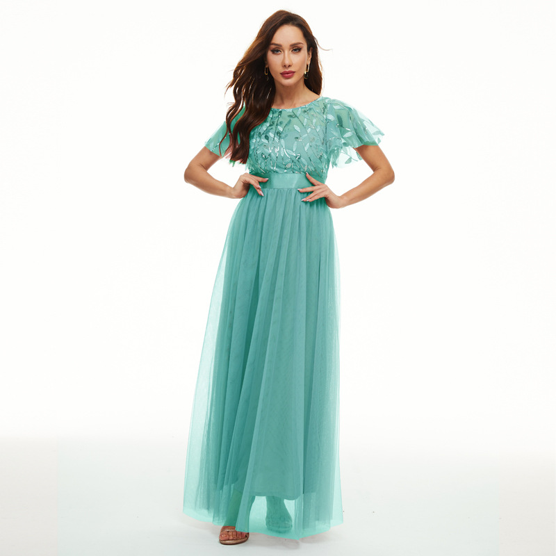 Vestido de lentejuelas manga corta cuello redondo pettiskirt vestido de noche cintura alta elegante dama de honor brindis vestido banquete ropa 115