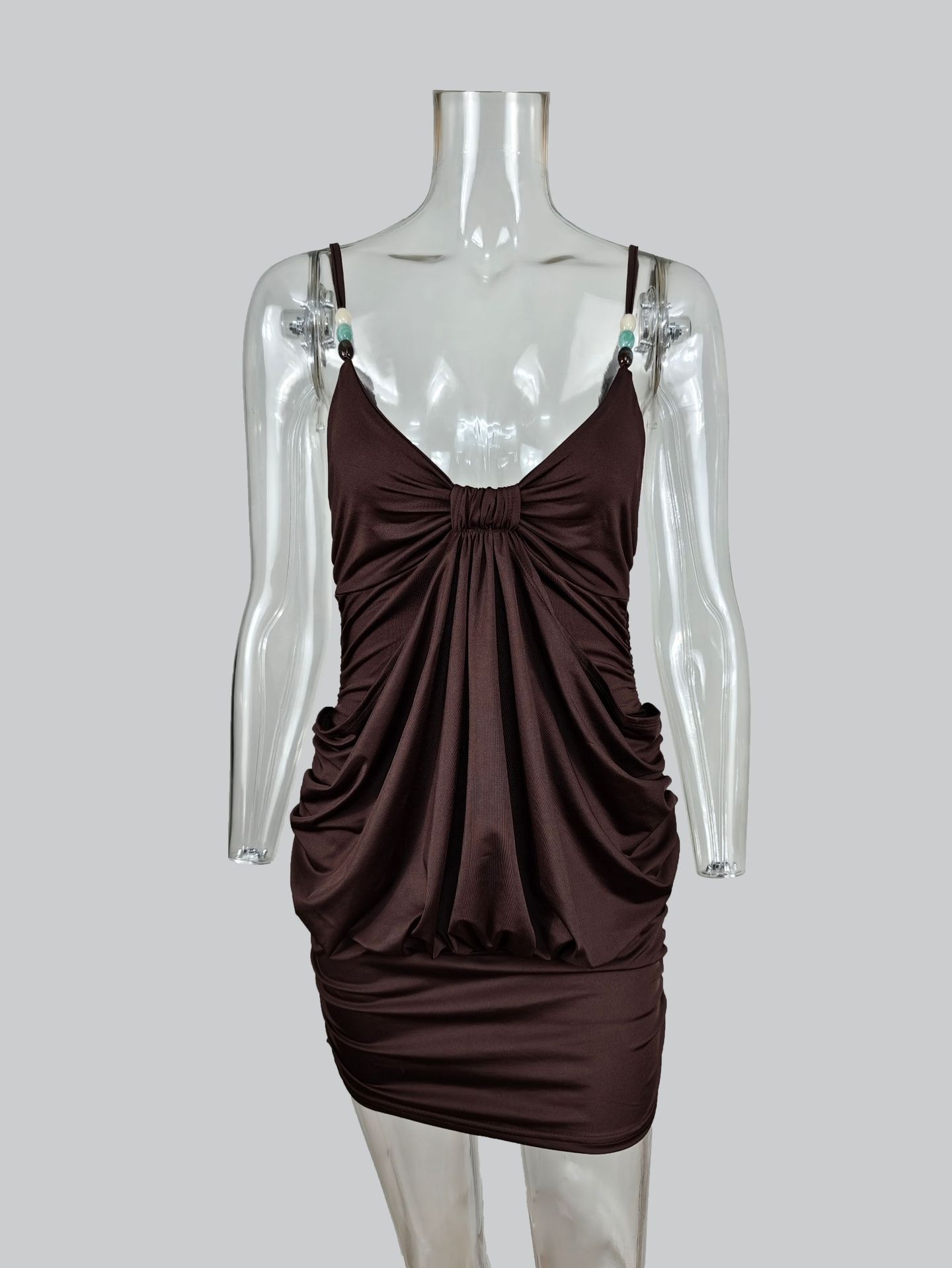 Maillard Style Beaded Suspender Dress Women's Kink Pleated Waist Thin Hip Skirt_ecoleips.com
