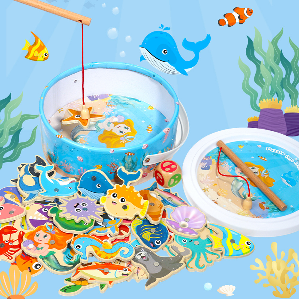 Barril portátil de madera pesca marina magnética rompecabezas para niños cognición interacción entre padres e hijos coordinación ojo-mano juguetes de educación temprana