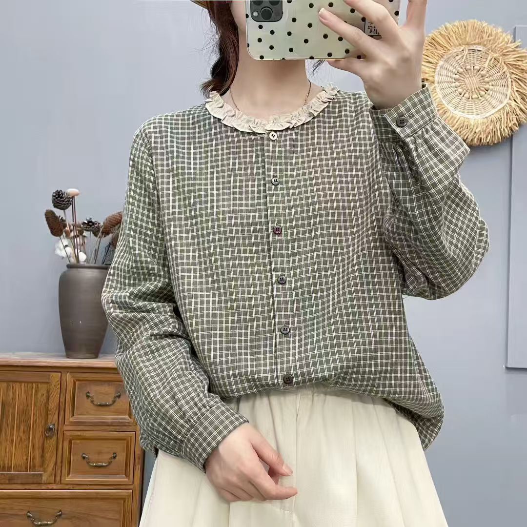 Autumn 25 Shirt Plaid Lace Collar Long-Sleeved Loose Casual Korean Style Preppy Style Sweet Top Skin-Friendly New Style