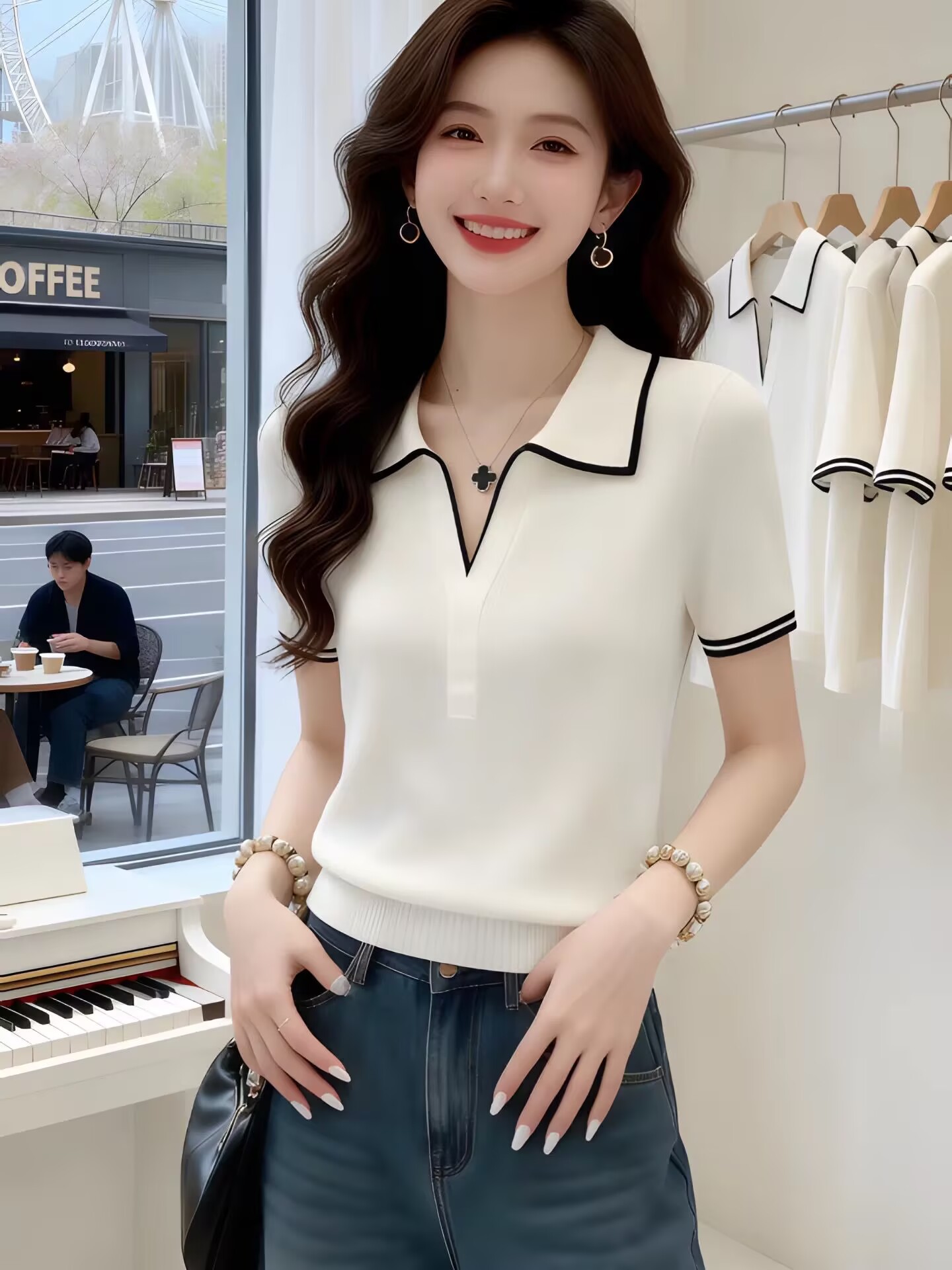 Áo thun ngắn tay polo cổ bẻ phong cách Pháp vai vuông cao cấp — màu trắng