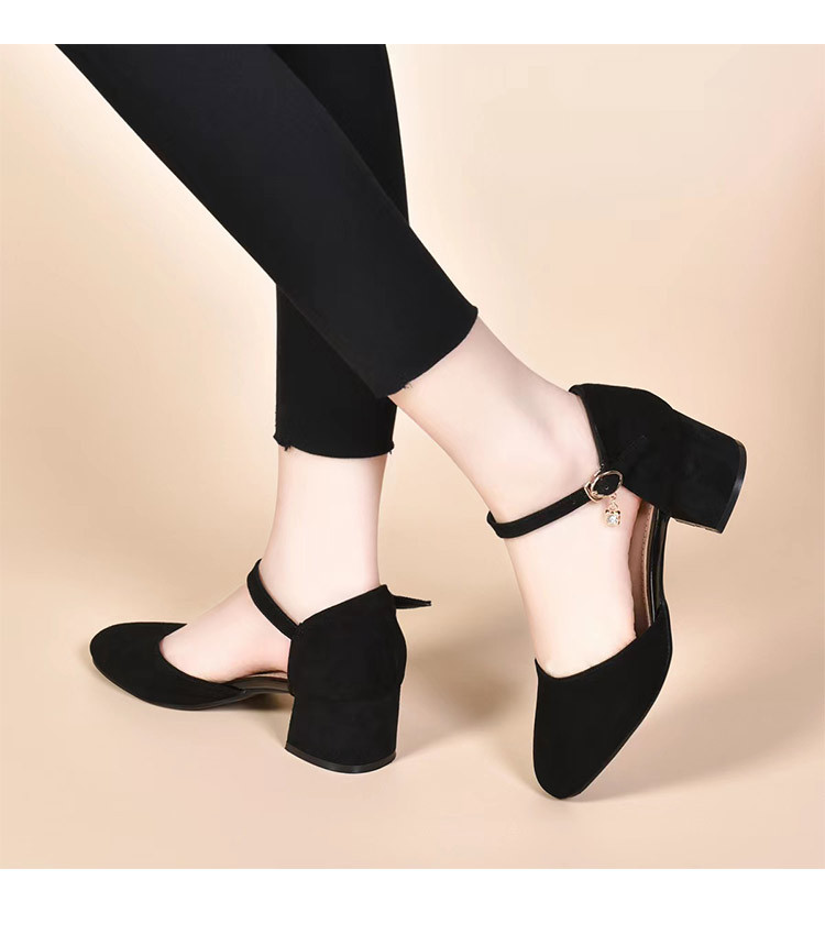 Sandal cao gót nữ quai ngang gót vuông da lộn — Màu đen Cashmere chi tiết 5