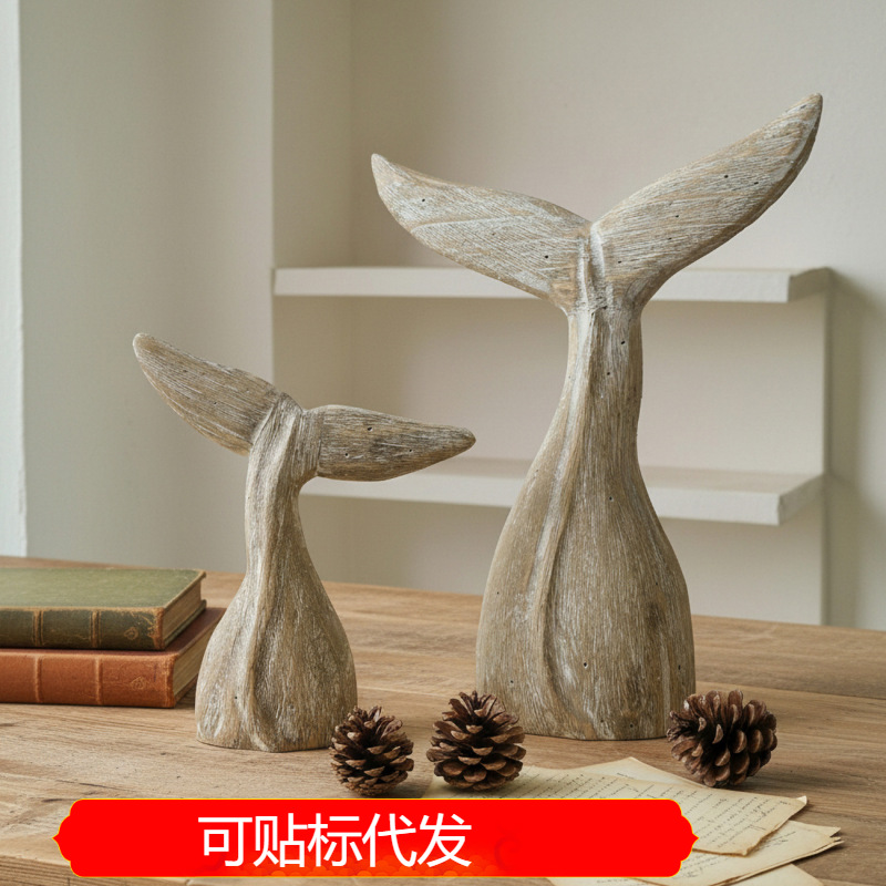 Ocean Style Creative Solid Wood Retro Handmade Fish Tail Ornaments B&B Model Room Decoration Whale Tail Crafts