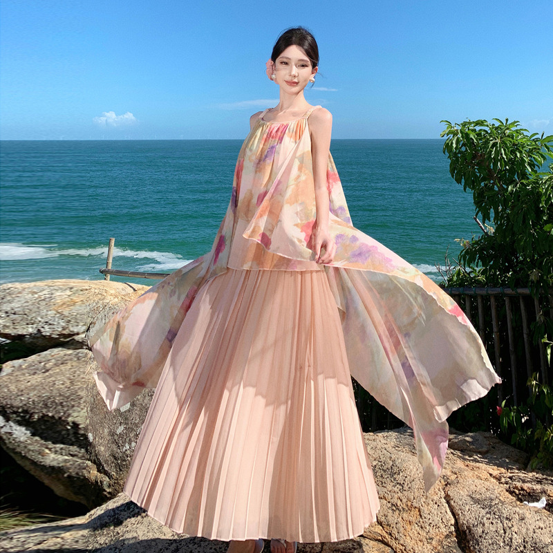 Good-Looking Smudged Mesh Sleeveless Suspender Dress for Seaside Vacation, Niche Design, Loose and Lazy Pleated Long Skirt