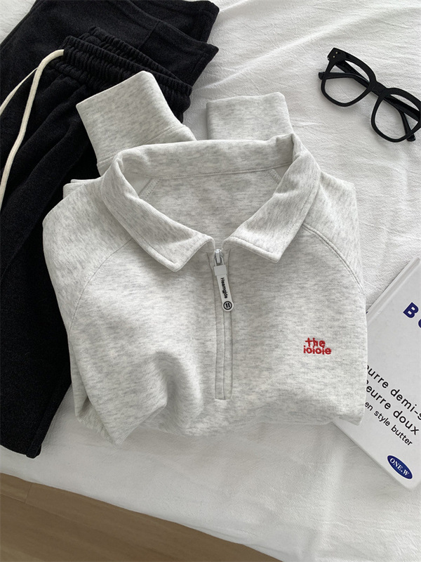 気質ホワイトネイビーハーフジップ刺繍スウェットシャツ女性用年齢軽減多用途ポロカラーラグランスリーブプルオーバートップ春|undefined