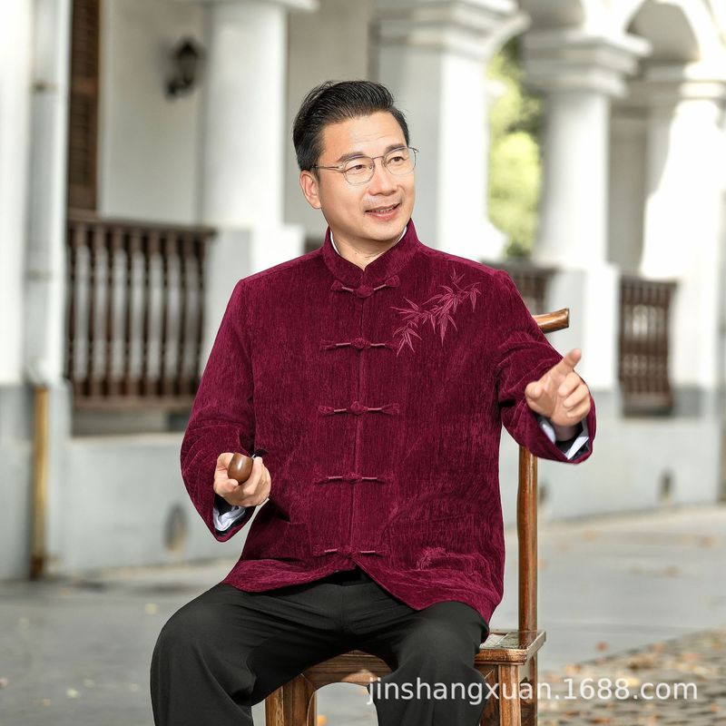 唐装秋季夹克老年刺绣长袖唐装夹克套装高品质休闲爸爸装老人衣服|undefined