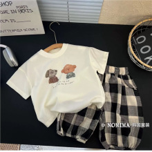 儿童短袖套装2025夏季男女宝宝中小童卡通T恤格子七分裤两件套潮