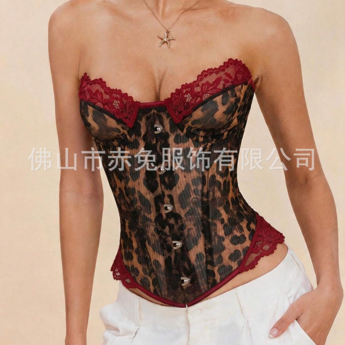 Cross-Border Women's Leopard Print Lace Corset Strapless Waist-Shaping Sexy Short Top Corset Top