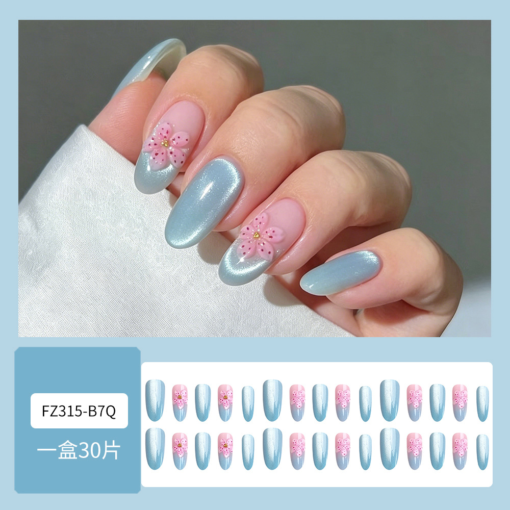 Flores 3D estereoscópicas azules de hielo ojos de gato usar uñas 30 piezas de verano atmósfera de uñas blancas falsas transfronterizas suministro directo image 3