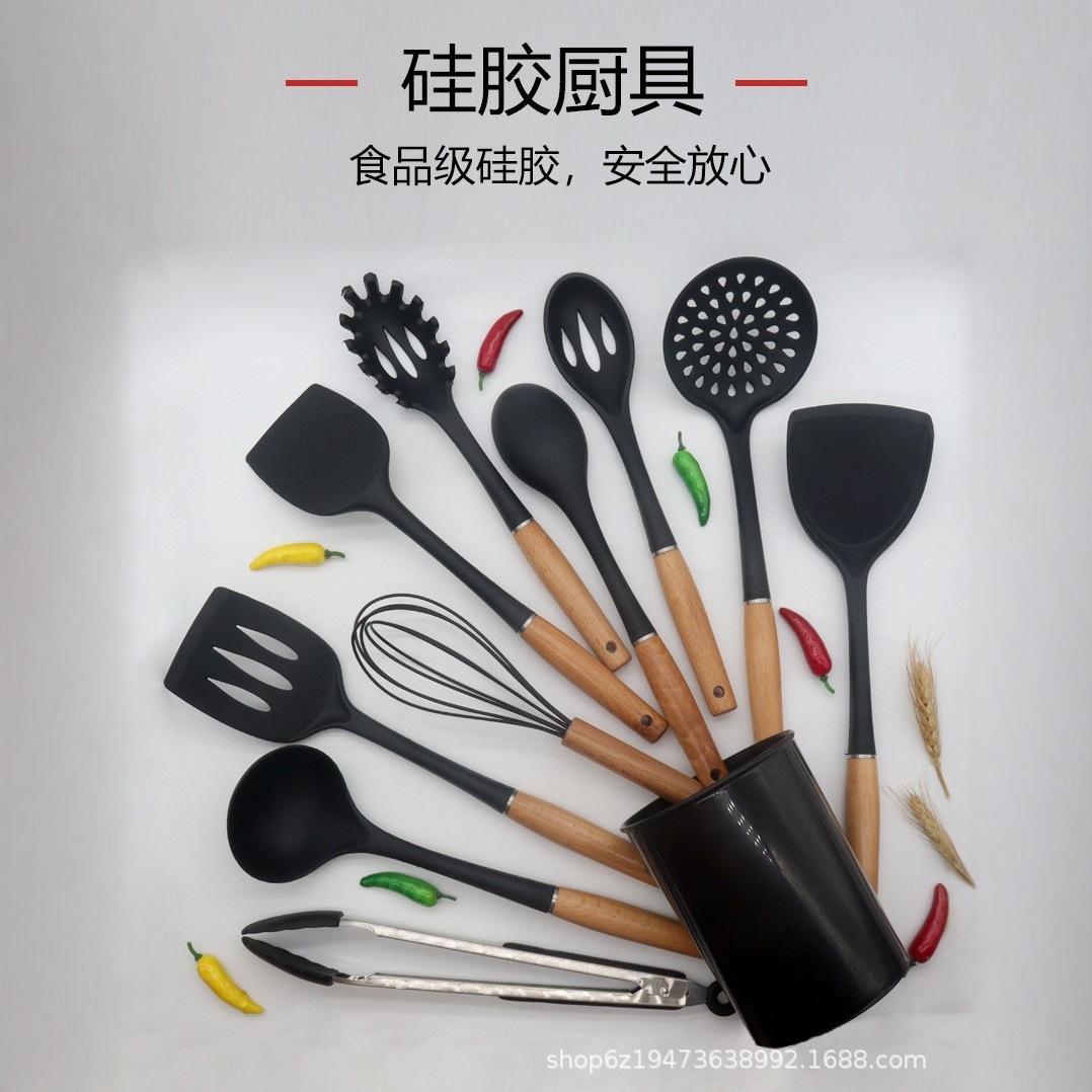 Juego de utensilios de cocina con mango de madera Juego de utensilios de cocina de silicona Juego de 9 piezas Juego de cuchara y pala Olla antiadherente Juego de utensilios de cocina de silicona