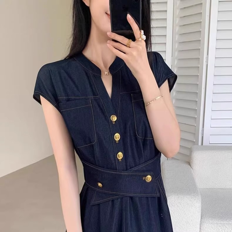 Đầm retro kiểu Pháp nữ thắt eo thanh lịch công sở dáng dài — Xanh lam đậm chi tiết 2