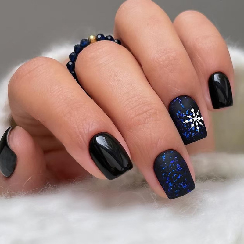 Foreign Trade Dark Blue Xinghe Snowflake Sweet Cool Joker Medium and Long European Square Removable Nail Nail Pieces 24