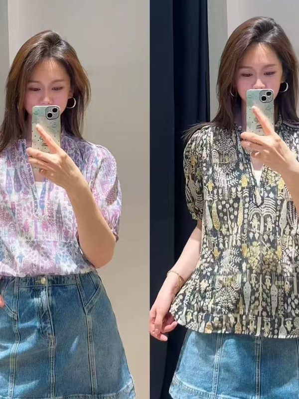 French Niche 25 Years New Summer Style Monet Garden Print Bohemian Style Puff Sleeve V Neck Casual Shirt