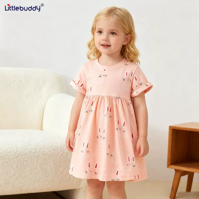 littlebuddy欧美女童连衣裙夏季女童新款短袖女童公主裙批发