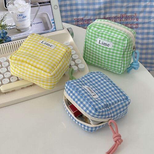 Japanese cotton blue check small square bag ins style high-looking student portable cute multifunctional sundry storage bag