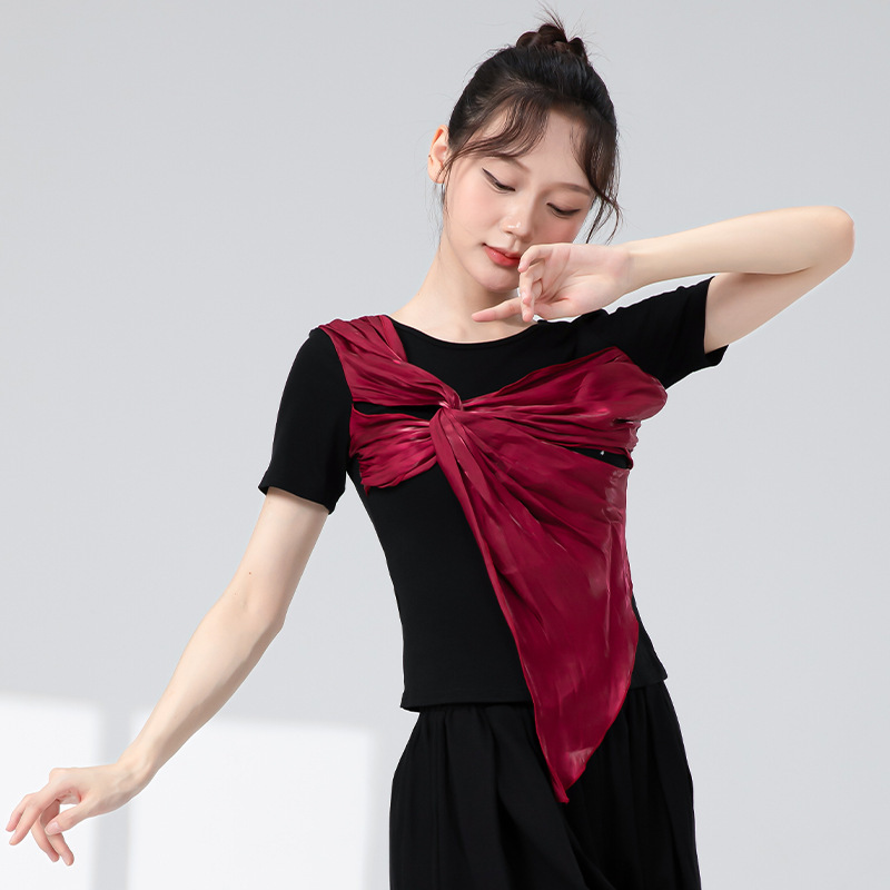 古典舞蹈服女新款短袖交叉扭花中国风练功服飘逸现代舞演出服上衣|undefined