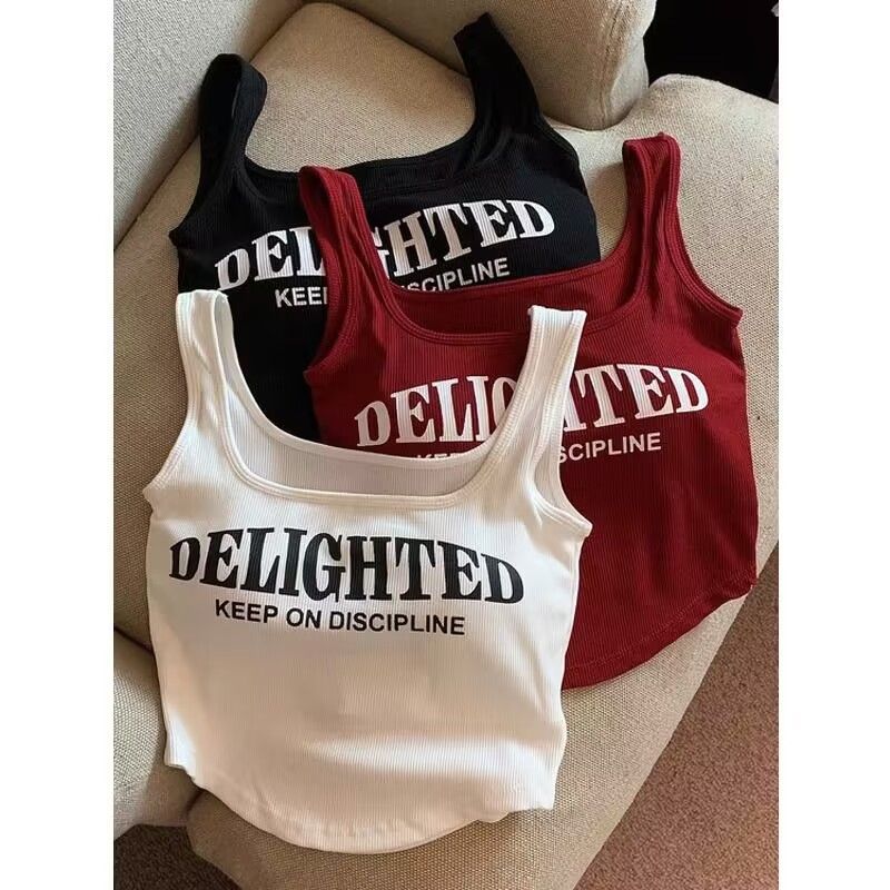 French Sweet and Spicy Pure Desire Style All-match Letter Printed Hot Girl Sexy Sling Strap with Chest Pad Vest Top Women's Summer