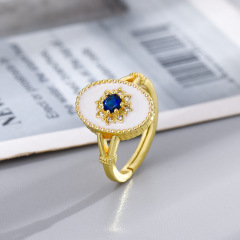 新款鑲嵌皇家藍寶石白色滴膠戒指女開口宮廷風復古氣質時尚高級感