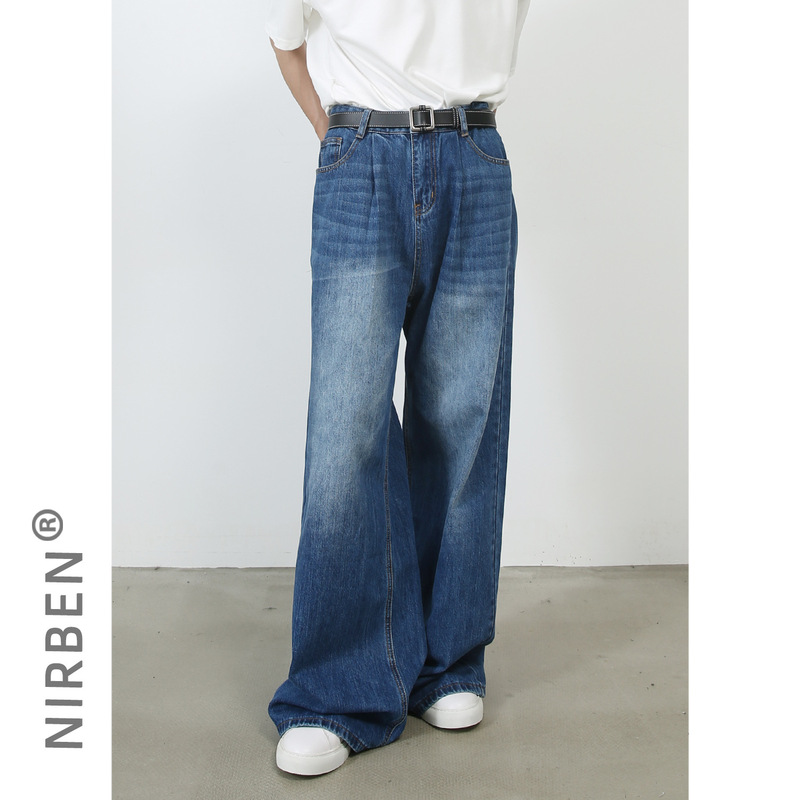 nirben Denim | New Korean Style Personality Jeans Men's Straight Tide Brand Washed ins Loose Wide Leg Long Pants