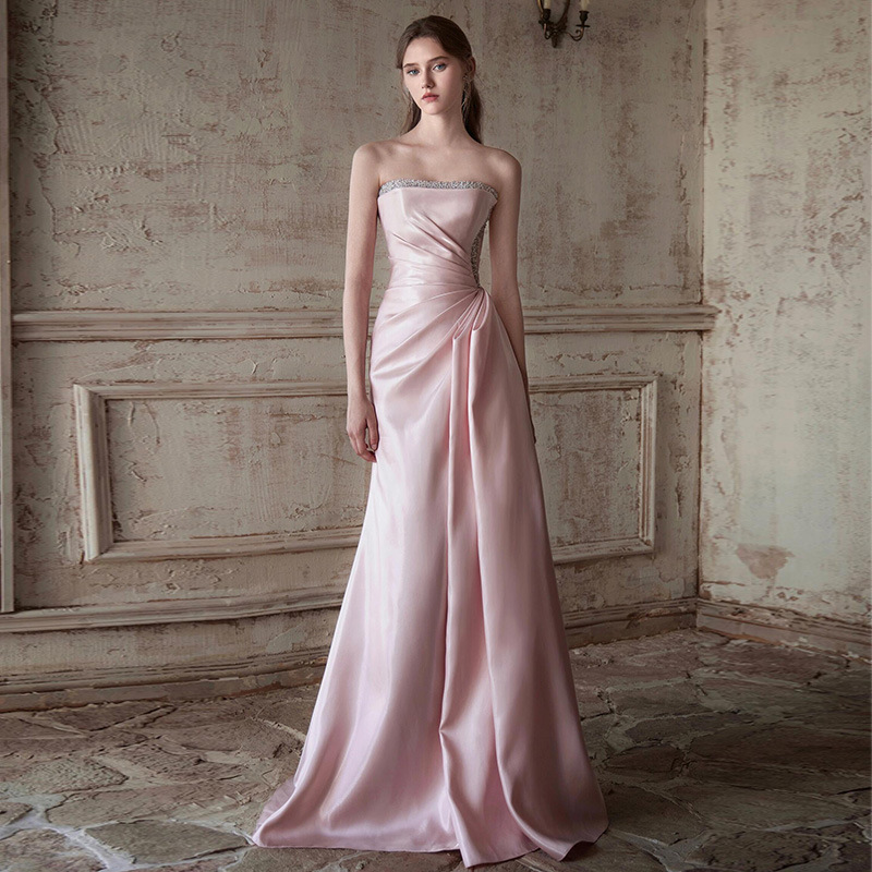 Pink Strapless French-Style Evening Dress for Women 2026 New Model High-End Annual Meeting Host Engagement Banquet Bride's Toast Dress