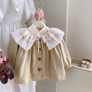 1-5Y Baby Girls Retro Short Windbreaker 4 Girls Spring Clothes Korean Style New Female Infant Lace Collar Casual Outerwear