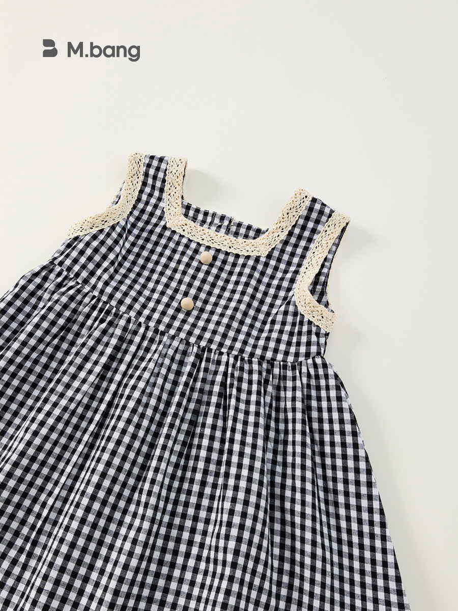 Ropa infantil Youbao, vestido elegante de verano para niña, vestido a cuadros de estilo coreano para niñas, vestido con cuello cuadrado en blanco y negro para niños pequeños.
