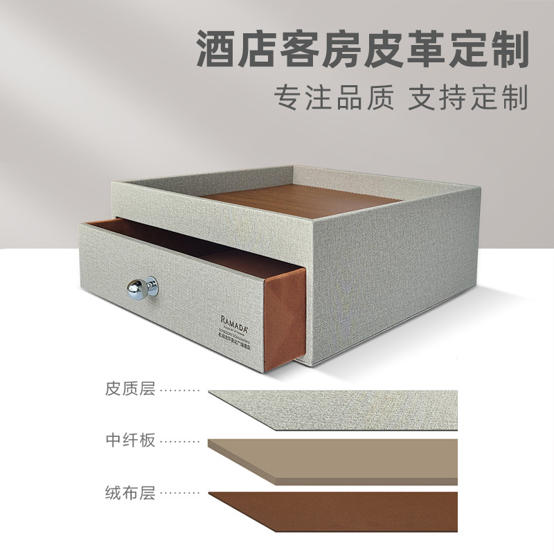 Caja de almacenamiento de artículos de tocador de cuero de calidad comercial para hoteles de lujo, caja de suministros de guía de servicio de cuero, fábrica de cuero