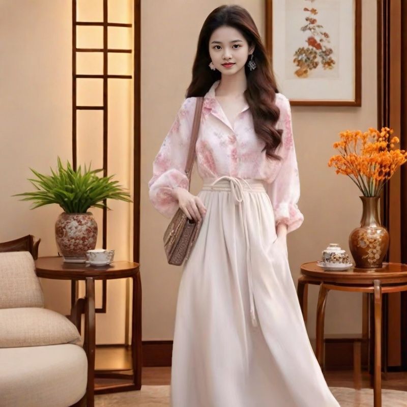 2025 New Women's Spring Dress with a Set of Fashionable French Shirt Long Dress Seaside Holiday Pink Dress