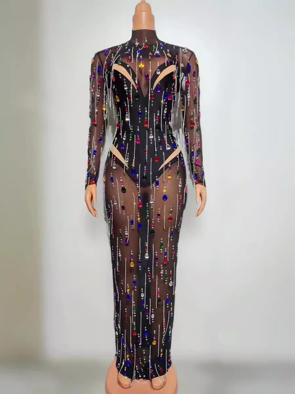 Cross-border sexy mesh perspective colored diamond dress European and American female singer gogo costume birthday party evening dress