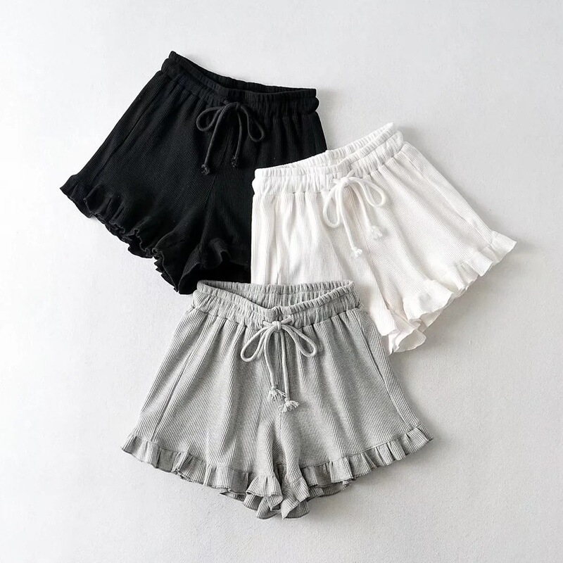 Versatile Casual Women's Lace Waffle Shorts Trendy Summer Elastic Waist Tie Ruffle Sports Shorts Hot Pants