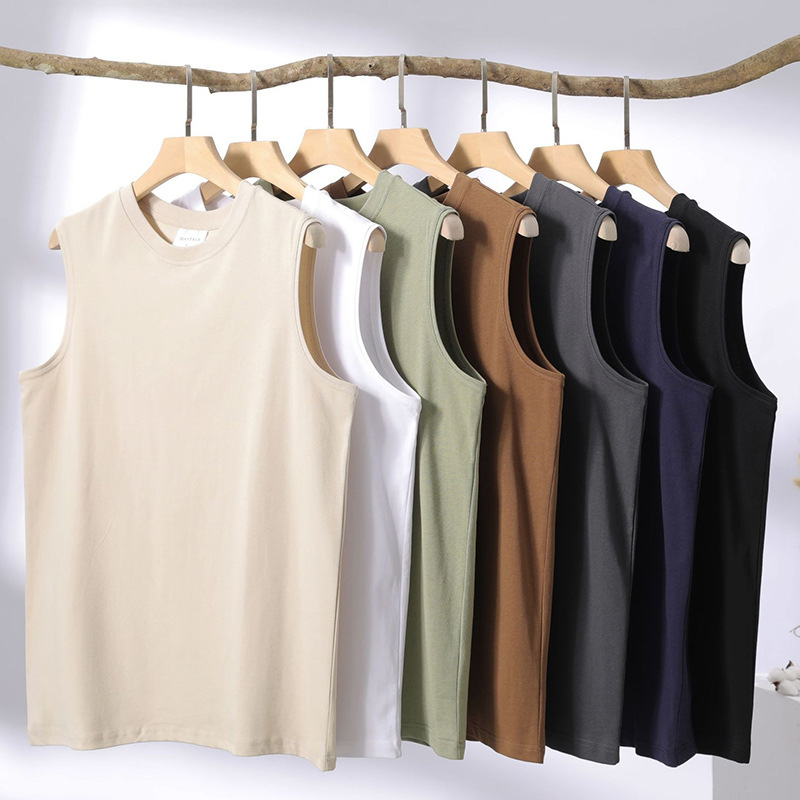 32s hilo doble 245g algodón marca de moda chaleco suelto color sólido casual sin mangas camiseta nacional moda logotipo impreso bordado