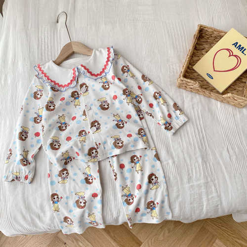 Hucai Autumn/Winter New Children's Cartoon Crew Neck Casual Comfortable 100% Cotton Open Front Pajama Set Home Clothing Set