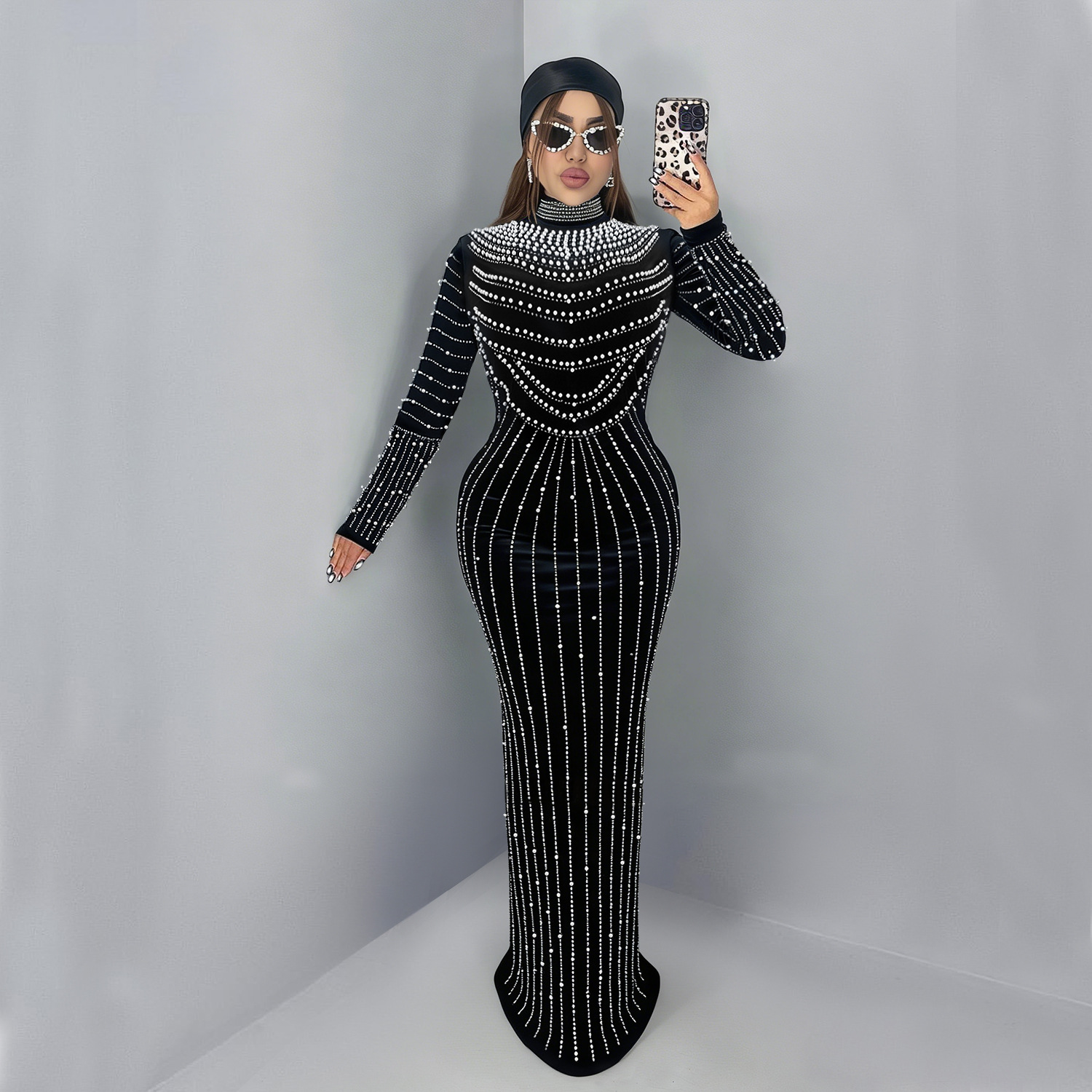 C7617 Aliexpress transfronterizo Amazon Europa y América de moda de mujer temperamento elegante de seda de diamante vestido de manga larga image 4