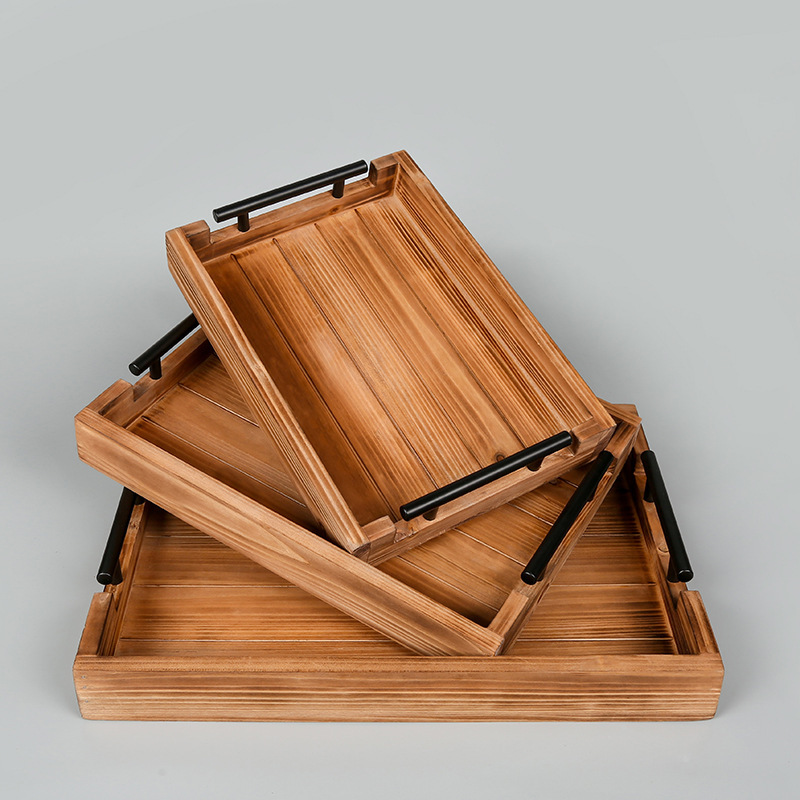 New Light Luxury Wooden Tray, High-End Hotel Living Room Tea Set Storage Tea Tray Three-Piece Set Solid Wood Square Dinner Plate