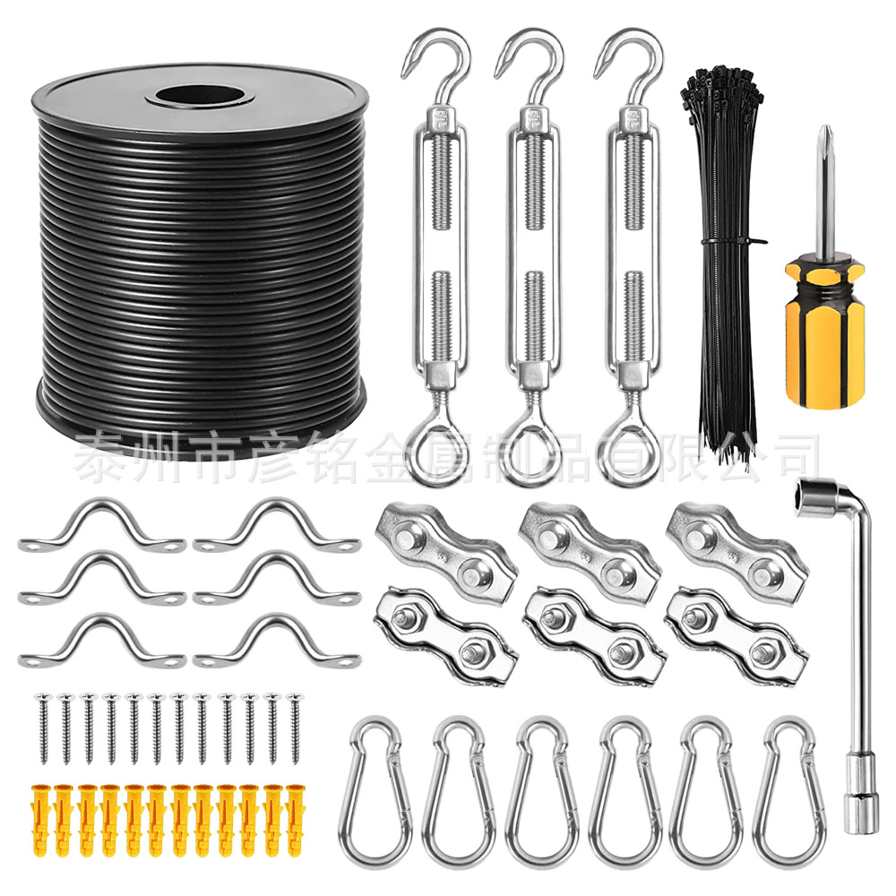 跨境304不锈黑色尼龙钢丝绳 户外串灯悬挂套件 pvc电缆线扣眼钩