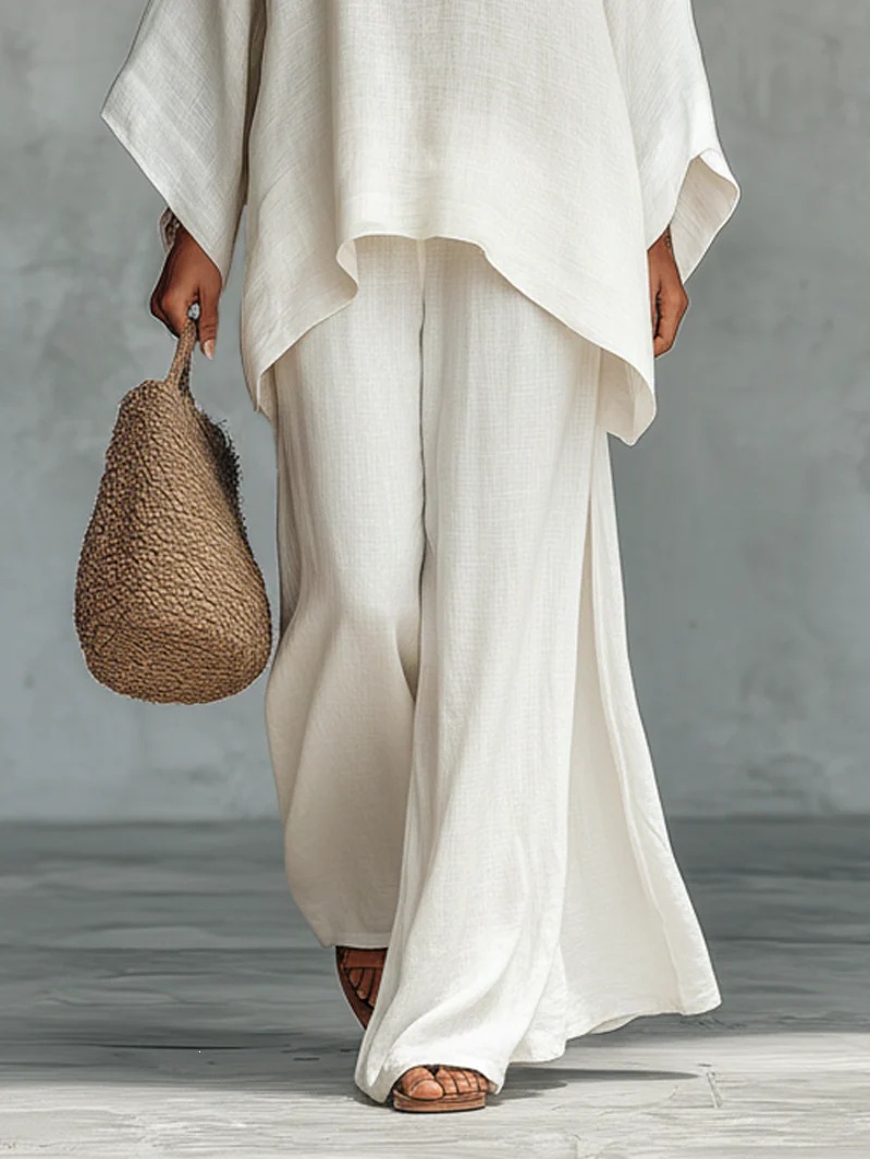 Breathable Linen-Blend Batwing Sleeve Shirt And Wide-Leg Pants Set For Women, Comfortable Office To Casual Wear, Available In Multiple Colors_ecoleips.com