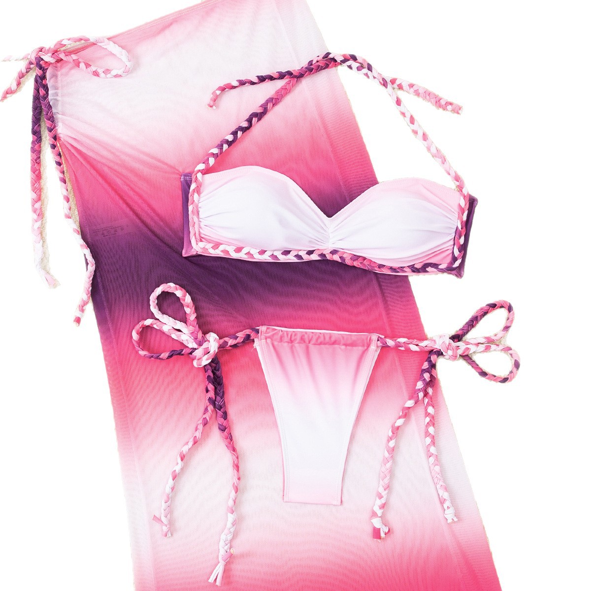 Dames 3-delige badpakset met kleurblokken, bikini, rok met hoge taille en touwdetails. Sexy en stijlvolle badkleding voor strand en zwembad._voghion.com