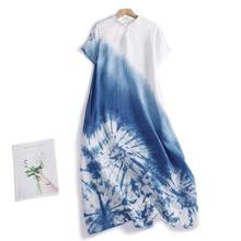 新中式水墨画连衣裙扎染夏装2023新款改良旗袍大码胖mm盘扣棉麻裙