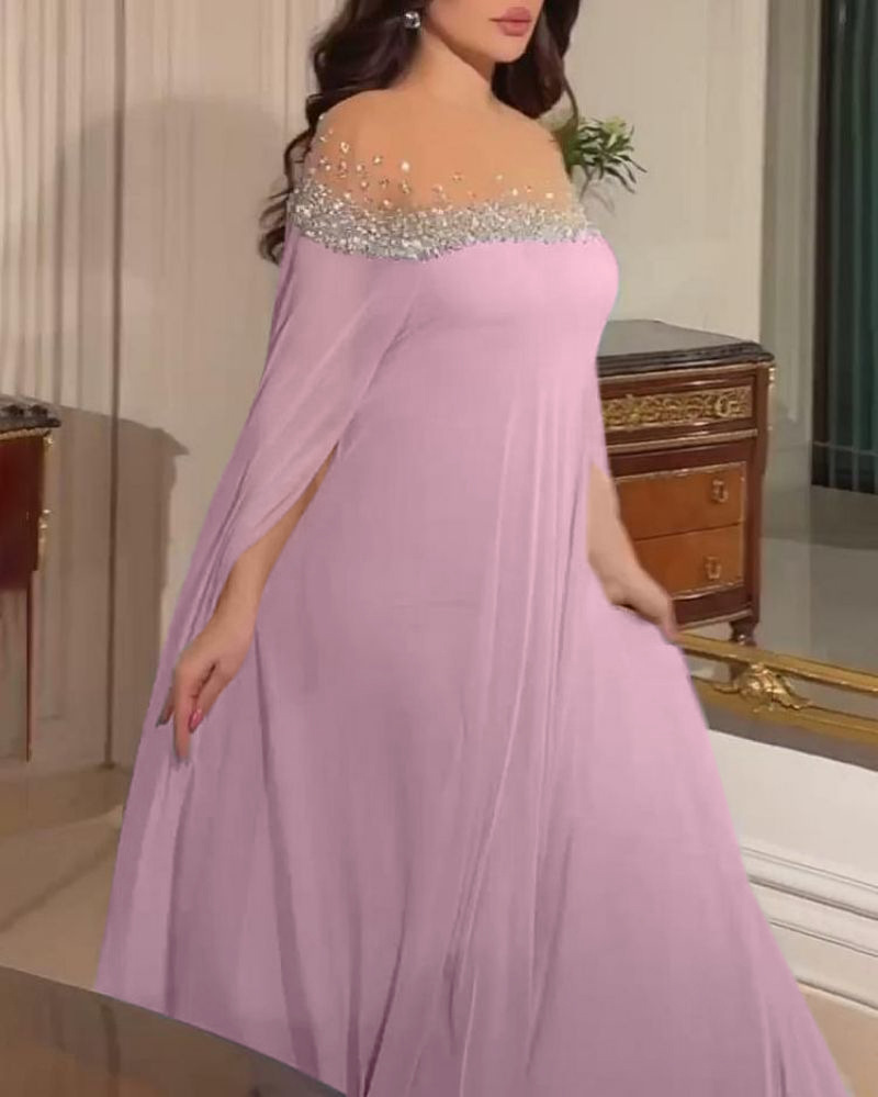 Elegant aftenkjole for damer med perler og stein i chiffon_voghion.com