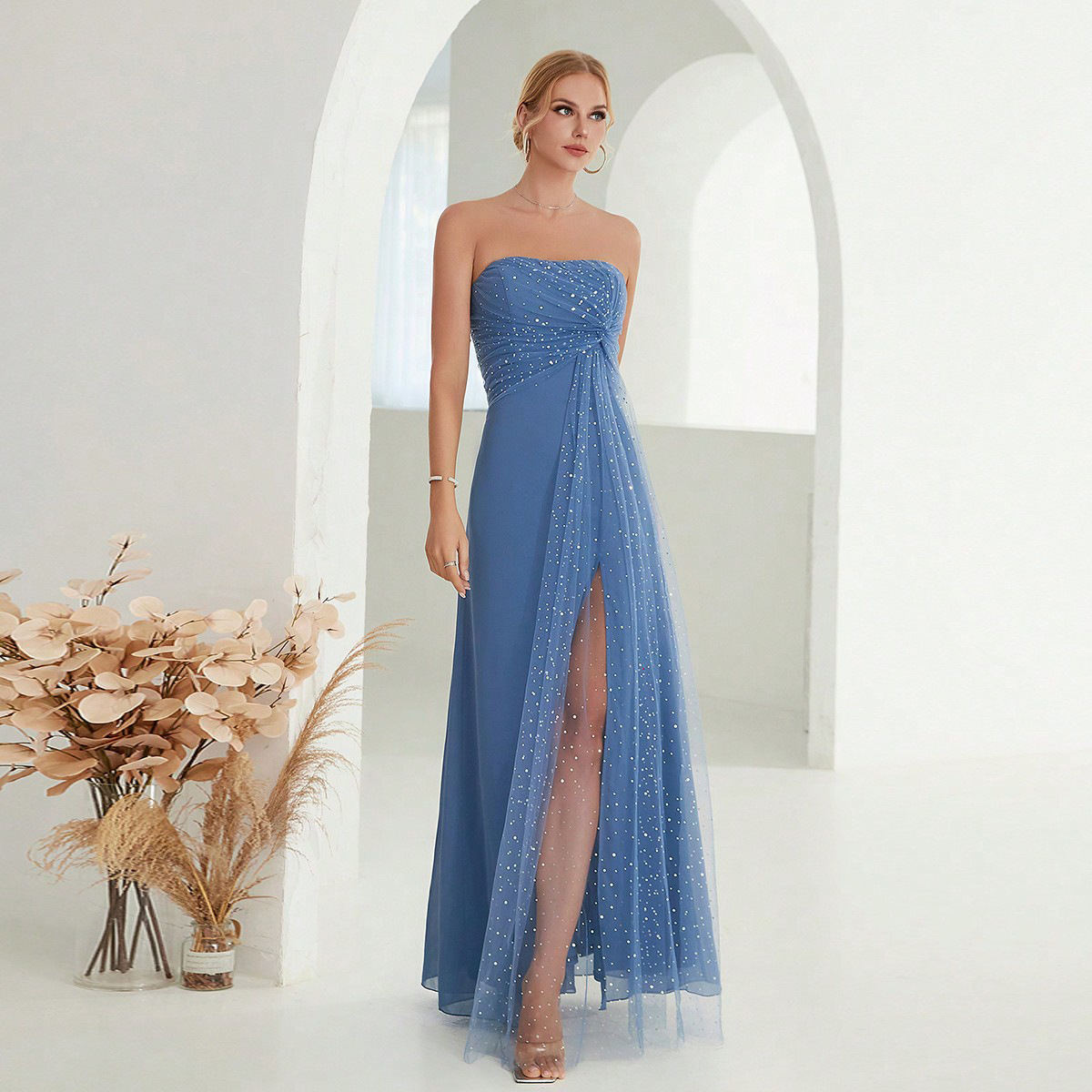 Blue Strapless Evening Dress New Simple Split Mesh Long Dress 2025 AliExpress Amazon Banquet