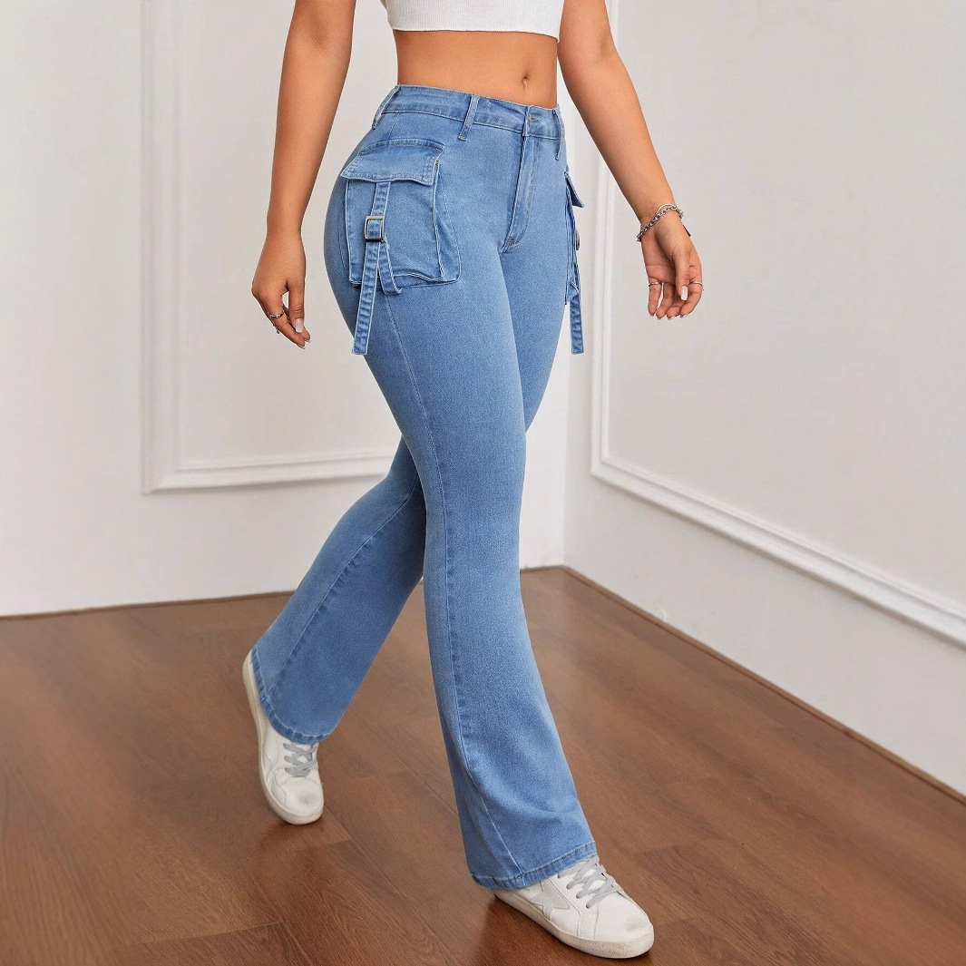 2025 Horn Women's Clothing European and American Women's Denim Women's Denim Cross-border Tooling Pants Flap High-bounce Horn Pants Repair
