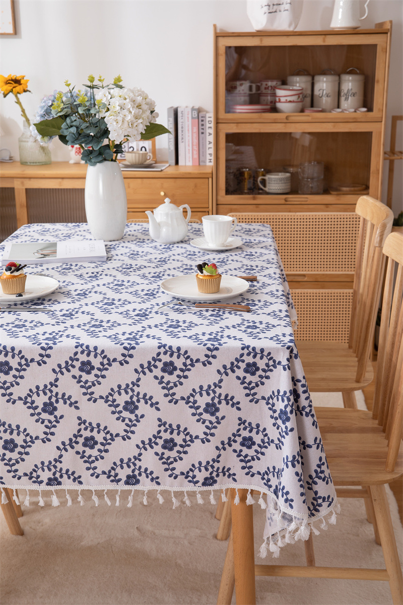 Tovaglia transfrontaliera in poliestere-cotone con nappe e stampa a foglie, tovaglia rettangolare da pranzo, tavolino da caffè_voghion.com