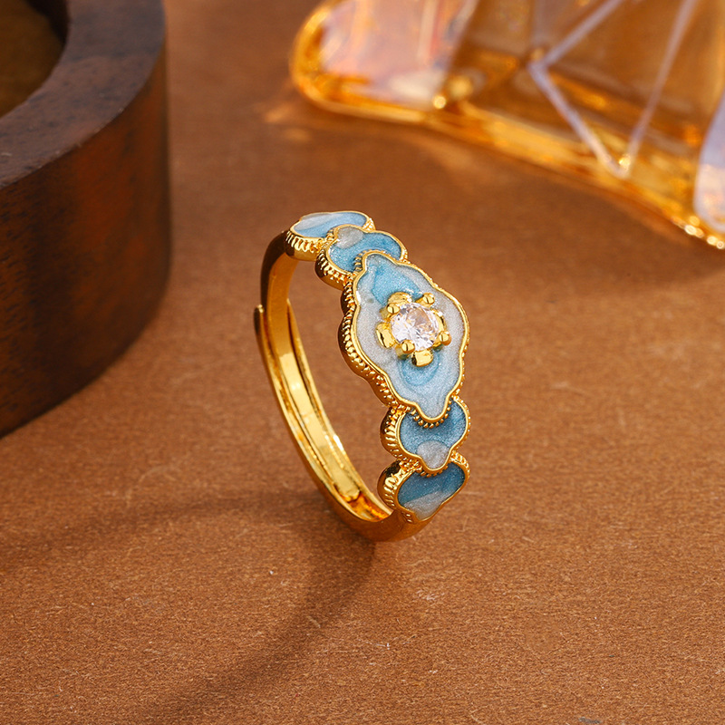 Chinese Style Enamel Zircon Cloud Open Ring Elegant Designer Ring_voghion.com