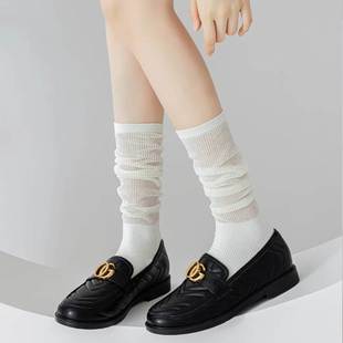 miu style catwalk skinny socks thin transparent summer Milky White stitching knitted pile socks ins trendy mid-calf socks socks