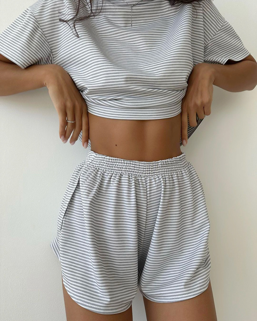 245g Weight Short Sleeve Sleeve Length Pajamas Lingerie Type Pullovers Placket Type Cotton, Polyester Fabric Type Short Top Length Shorts Sets Sets Type 2 Pieces Set Quantity Home Occasion Collarless Neckline Breathable Function Loose Fit Type Stripe Pattern Summer, Spring Season Women's Gender Casual Style Home Women's Casual Stripe Cotton Polyester Shorts Sets Pajama Sets 14